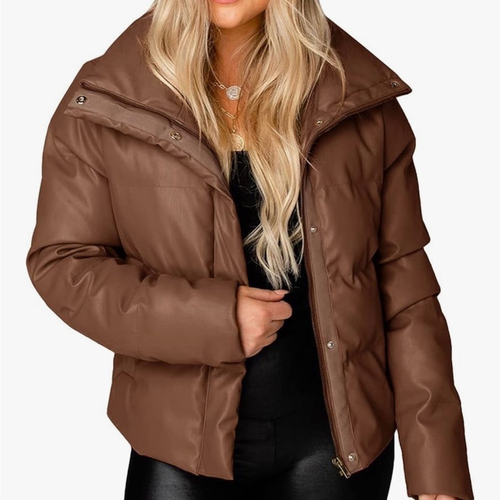 Warm Brown Quilted Puffer Coat with Oversized Collar